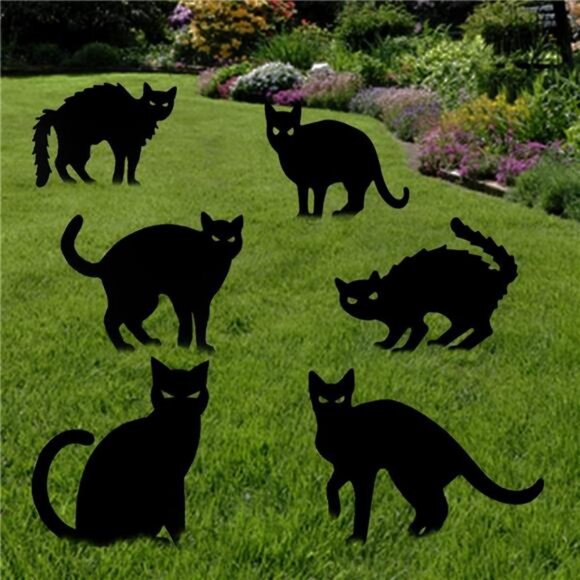 6 Pack Halloween Black Cat Yard Signs with Stakes Silhouette Halloween Decor - Picture 1 of 8
